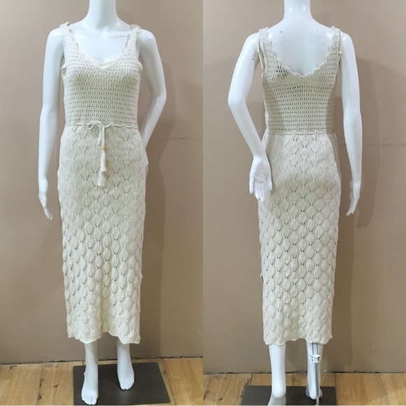 Freshman 1960 Womens Ivory Knit Crochet Drawstring Waist Dress Size Xs New - Picture 1 of 6